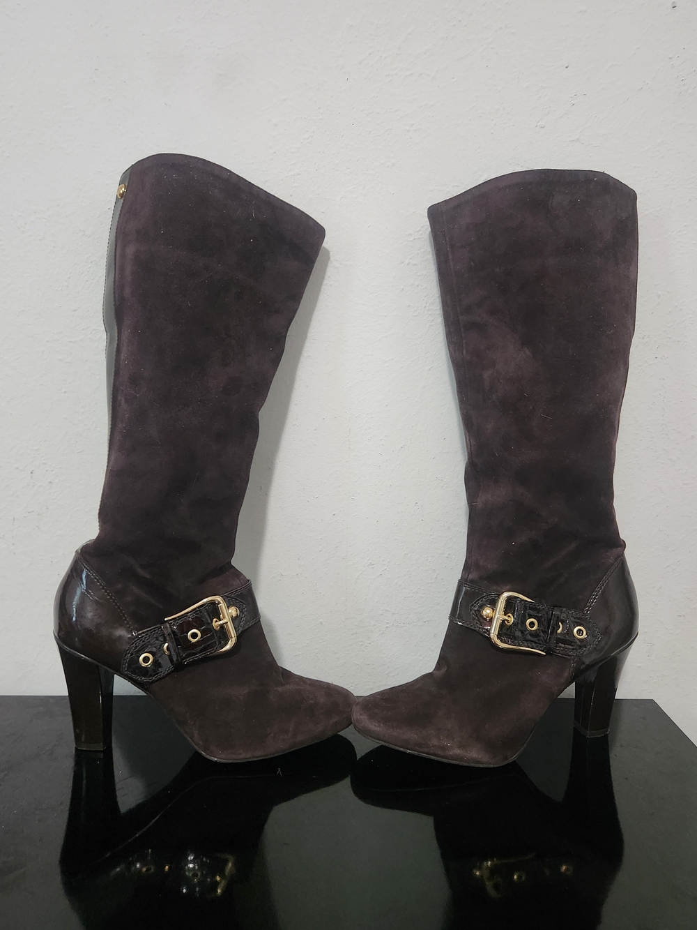 ANTONIO MELANI Dark Brown Suede Mid-Calf Heeled Boots with Buckle Detail